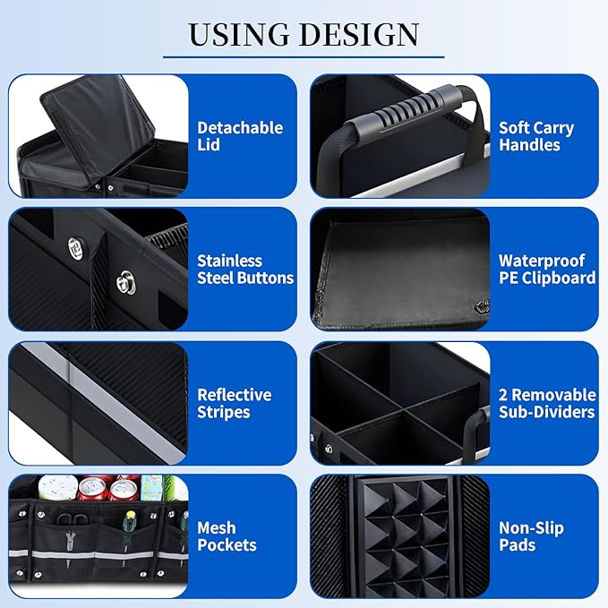 Collapsible Trunk Organizer for Car with Insulated Leakproof Cooler Bag, 3 Compartments SUV Cargo Organizer w/Removable Dividers, 5-in-1 Storage w/Foldable Lid & 2 Tie-Down Straps (Black)