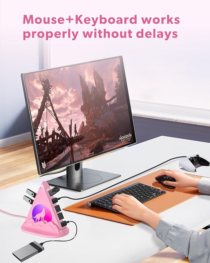 7 Port USB 3.0 Hub,Pink USB Hub with Wolf Shaped RGB Night Light, 2ft Long Cable and Pink Base,for Laptop, PC, Flash Drive, HDD, Console, Printer, Keyborad, Mouse and More(Charging Not Supported)