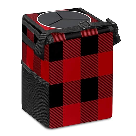 Car Trash Can Black Red Big Buffalo Plaid Classic Auto Garbage Bag Car Trash Can with Lid Leak-Proof Car Storage Bag Garbage Bag Hanging for Headrest Portable Car Backseat Organizer