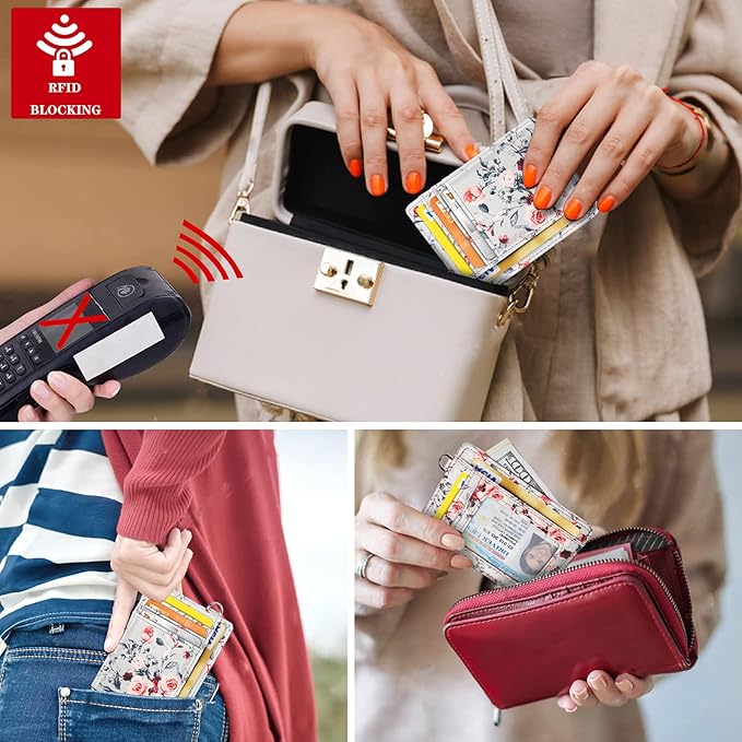 Coco Rossi Slim Front Pocket Wallet RFID ID Card Holder Cute Small Wallet with Keychian for Women,Grey Flowers