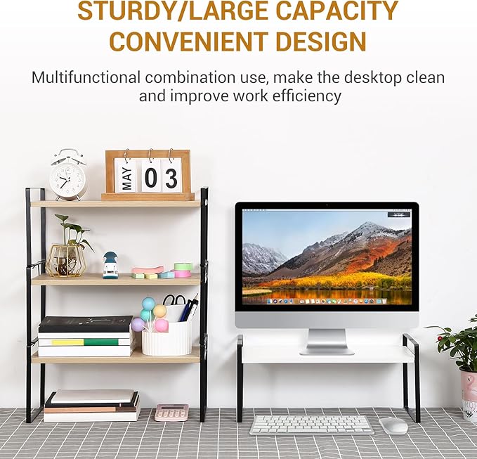 YGYQZ Wood Office Desk Shelf Organizer - Desktop Supplies Cute Dresser Top Organization Storage Rack and Cubicle Decor Aesthetic Bookshelf for Women Man and Kids (Black Wood-Three Tier)