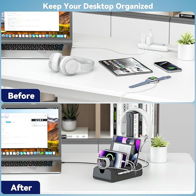 KDD Charging Station with 6 Charging Cables - Fast Charging 6 in 1 Cellphone Charging Dock with Headphone Stand and Watch Holder - 2 AC&USB A&USB C, Storage Station for Smartphone,Tablets, AppleWatch