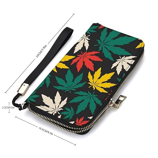 Unisex Zip Around Wallet for Adults Teens Colorful Cannabis Leafs Black Coin Pouch Cash Pocket PU Leather Wallets Card Holder Organizer Designer Purse with Wristlet Strap