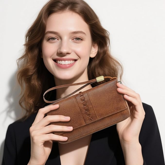 GOIACII Wallet for Women Ladies Wristlet Long Purse Zip Around Clutch RFID Blocking Vegan Leather