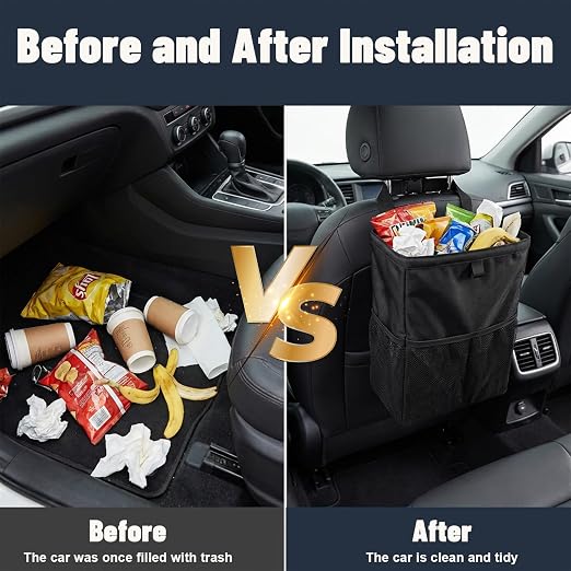 3.5 Gallon Leak-Proof Car Trash Can with Hook and Loop Lid and Handle, Waterproof Portable Hanging Auto Garbage Bag, Large Capacity Waste Bin for SUV, Truck, RV, Camping & Office (Black)