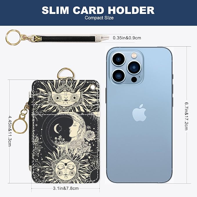Slim Wallet Credit Card Holder, Sun and Moon FaceX, RFID Wallet Women Cute Small Front Pocket Wallet With Zipper, PU Leather Thin travel RFID Blocking Card Case ID Window,Ladies Gifts