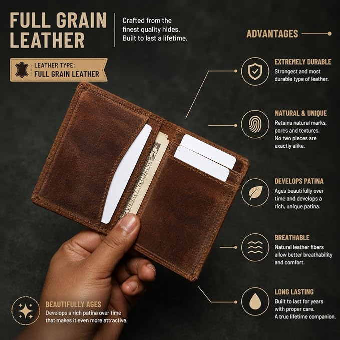 FOXHACKLE Full Grain Leather Credit Card Holder for Men and Women, Slim Bifold RFID Blocking Wallet, Thin Front Pocket Minimalist Wallet, Small Card Case.