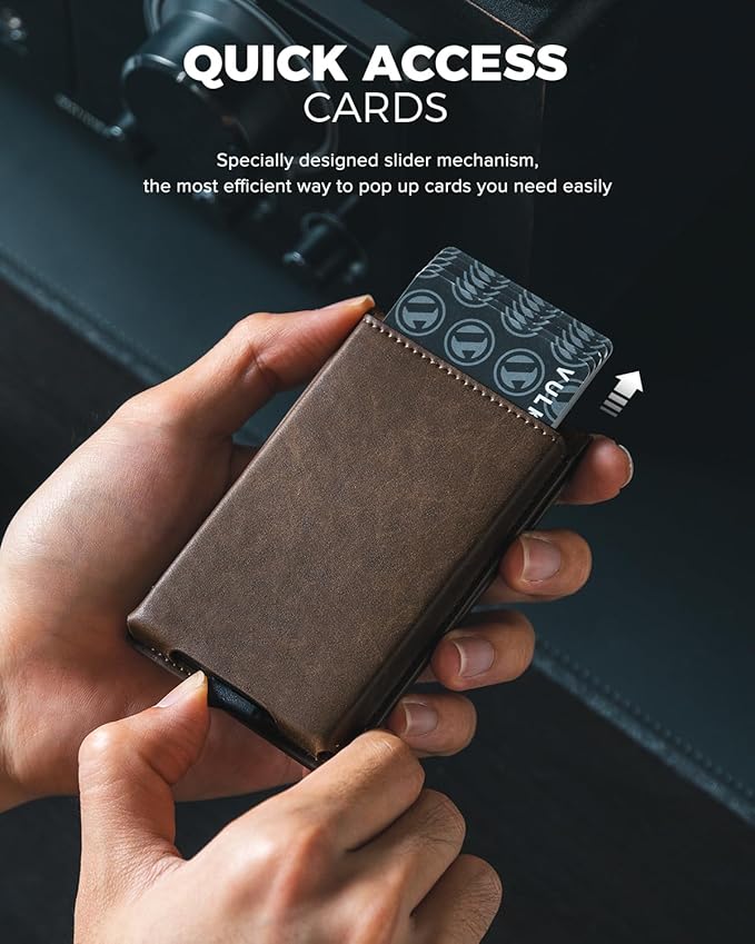 VULKIT Pop Up Wallet for Men, Credit Card Holder Minimalist Slim Bifold Wallets RFID Blocking with Gift Box Espresso
