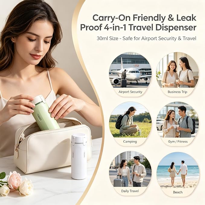 4 in 1 Travel Dispenser, Travel Bottles for Toiletries, No Squeeze Press Dispenser 30ML Leak Proof Travel Containers, Portable Refillable Shampoo Lotion Conditioner Bottles with Labels(2Green)