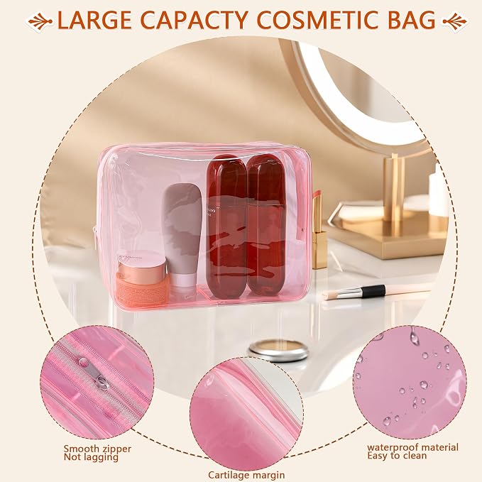Waterproof PVC Makeup Bag - Leakproof Cosmetic Organizer for Travel Toiletry Storage 9.84×7.09×2.36 Inch for Women & Men (Pale pink)