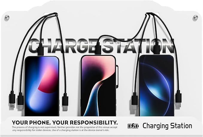 Wall Mounted 8 Port Charging Station with Fast Charigng Cables – Multi Device Charging Dock for Office, Hotel & Public Spaces | Compatible with iPhone ipad Smartphone Tablets Android Port (White)
