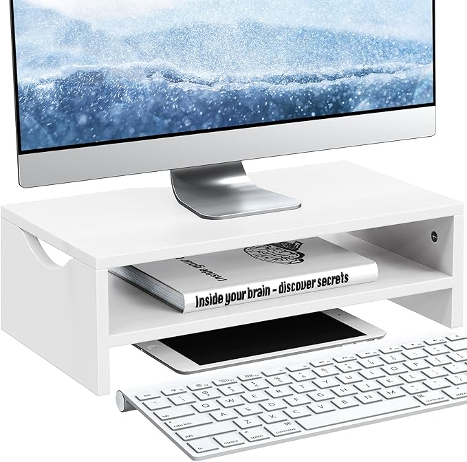 Monitor Stand Riser, 2-Tier Wood Computer Monitor Riser with Storage, Computer Screen Desk Shelf for Monitor, Laptop, PC, iMac, TV & Printer (White)
