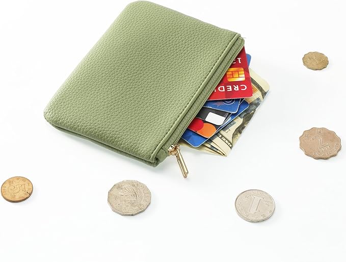 Chelmon PU Leather Coin Purse Pouch Change Holder Small With Zipper for Men Women 2 PCS Set (Black&Light Green)