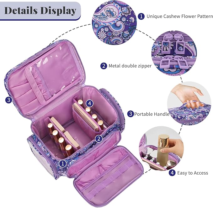 Bagmoly Large Makeup Bag, Portable Travel Makeup Bag Organizer for Women Girls with Makeup Brush Compartment & Two Side Pockets, Cosmetic Travel Bag Vertical Storage Toiletry - Purple