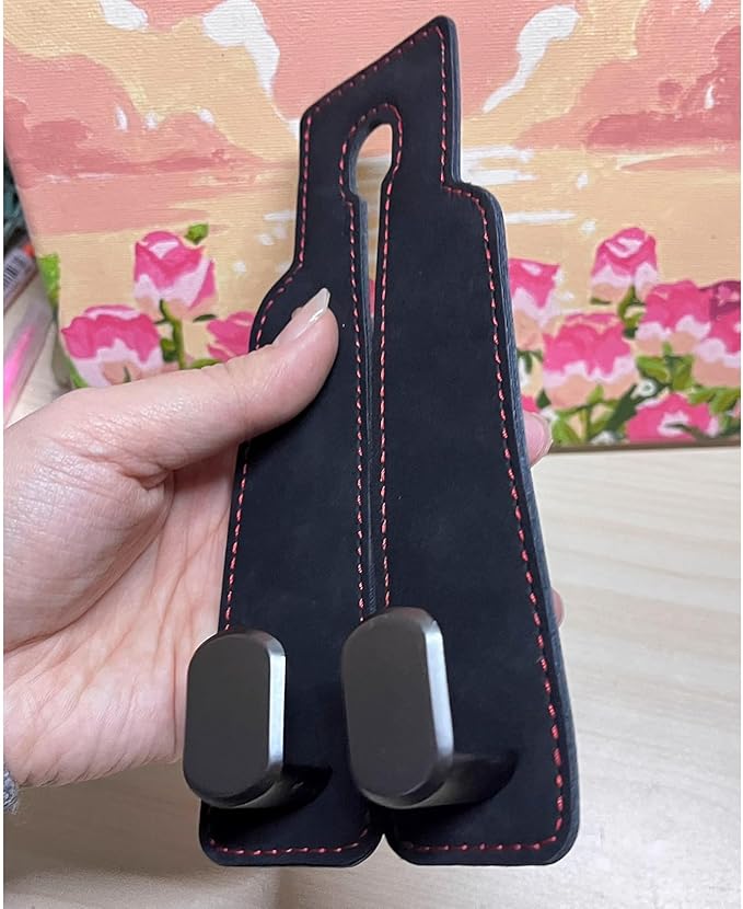 Leather Car Headrest Hooks, 2-in-1 Car Seat Back Purse Hooks with Double Metal Hangers, Universal Car Storage Holder for Bags, Handbags, Phones & Groceries(2PCS, Black)