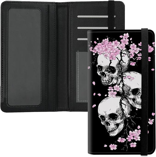 Premium PU Leather Checkbook Cover for Men & Women,RFID Blocking Slim Check Book Holder with Duplicate Check Divider & Pen Holder,Fits Standard Personal Checks,Skull Cherry Blossoms