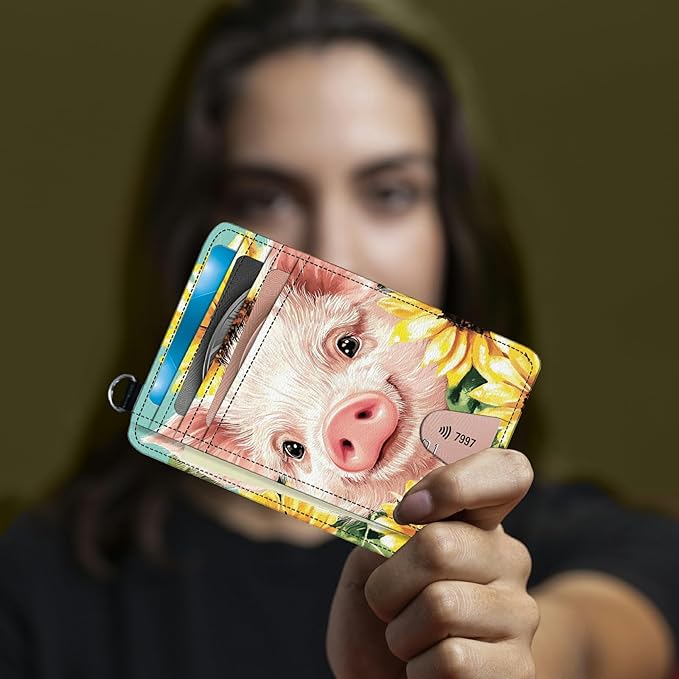 Small Travel Wallets, Pig Sunflowers Slim Minimalist Front Pocket Wallet with Wristlet, RFID Blocking PU Leather Credit Card Holder with ID Window Change Purse for Men Women