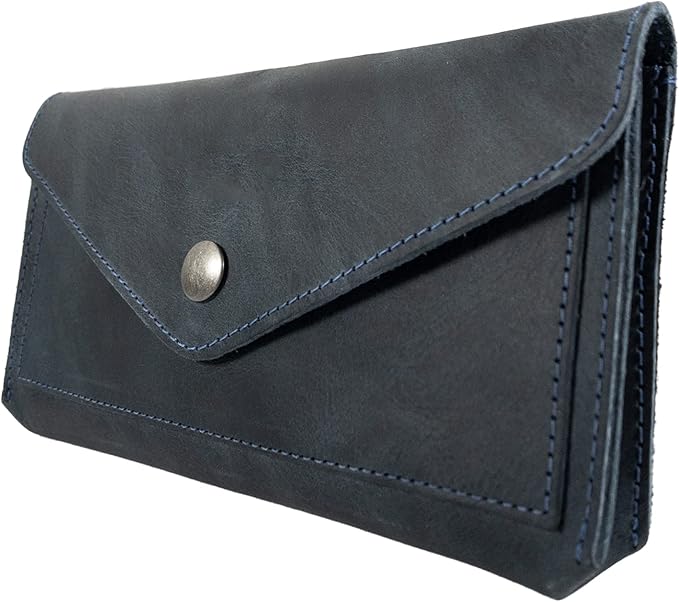 Hide & Drink, Full Grain Leather Large Female Wallet, Travel Organizer for Women, Vintage Money and Card Holder, Handmade, Slate Blue
