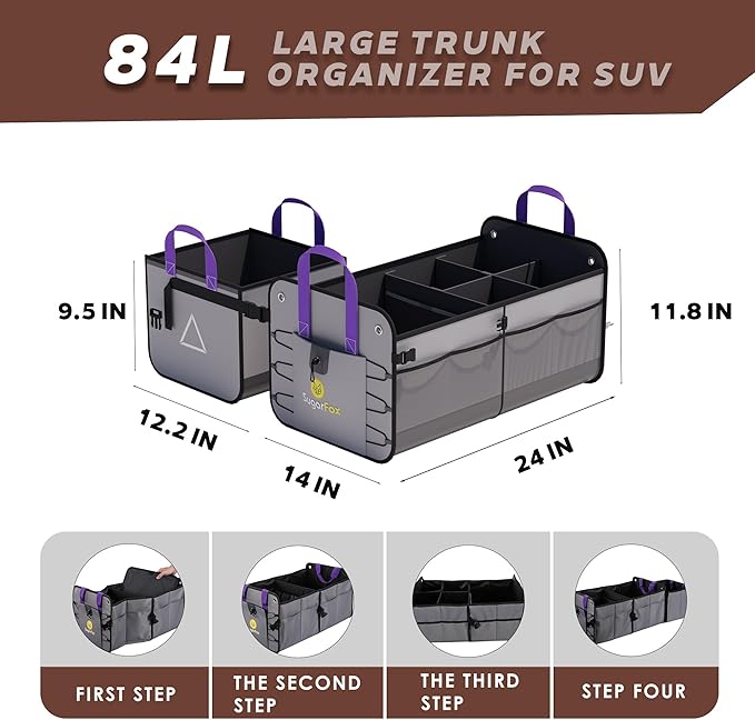 SugarFox Car Trunk Organizer SUV, 84L SUV Trunk Organizer – Waterproof Foldable Modular Trunk Organizer with Mesh Pockets, Non-Slip Base, Gray - M313
