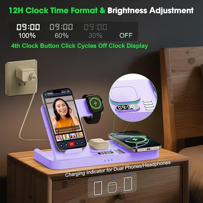 Dual Phone Wireless Charging Station for Apple Devices, Magnetic Charging Station for iPhone with Auto Switch 7-Color Light&Clock,Family Watch Charger for iPhone17 for iWatch11 for AirPods Pro3(Purple