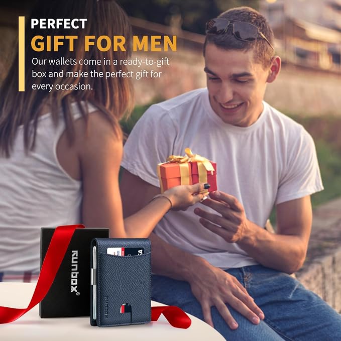 RUNBOX Slim Money Clip Wallets for Men and Teen Boys RFID Blocking 11 Card Holder Minimalist Small Leather Bifold Novelty Men's Wallet Front Pocket Gift Box