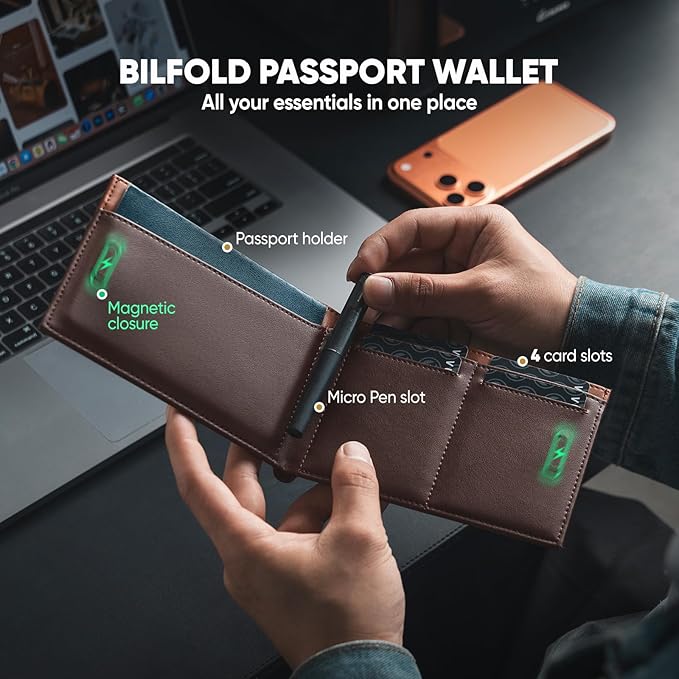 VULKIT Bilfold Passport Holder Leather RFID Blocking Passport Wallet with Hidden Pocket Slim Travel Documents Organizer for Men or Women (Passport, Card, Cash, Coin, SIM Card, Ticket)