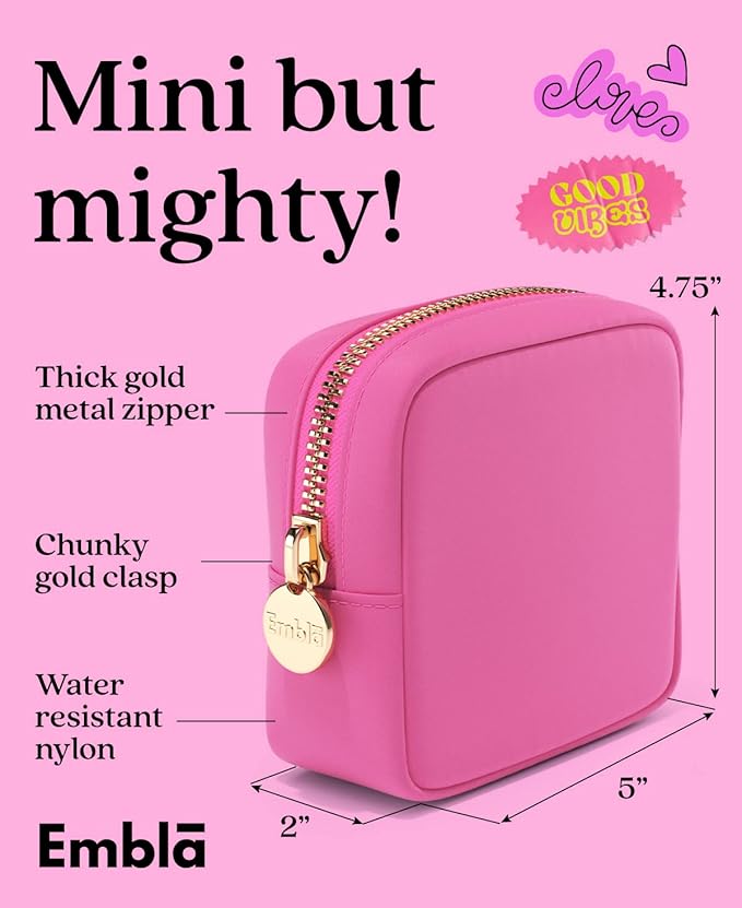 Embla Small Makeup Bag for Purse, Mini Waterproof Nylon Cosmetic Pouch, Durable and Lightweight Travel Toiletry Bag with Smooth Zipper, Hot Pink