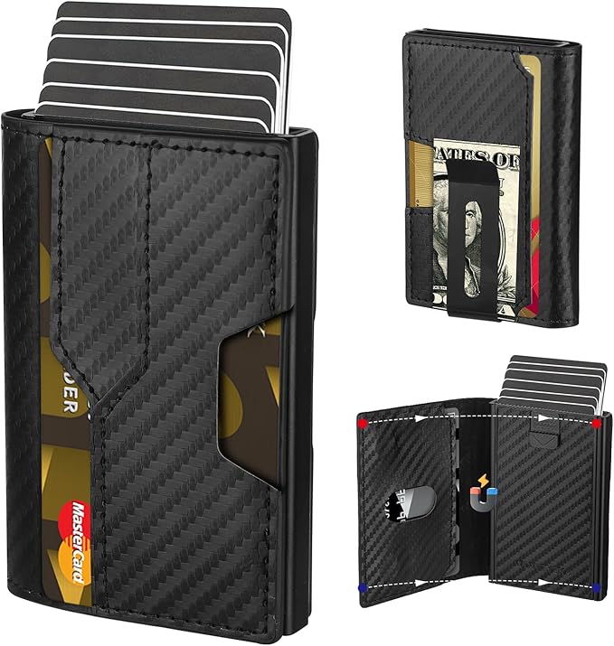 Mens slim Wallet，with RFID Shielding, Holds 9 Cards Easily, card wallet for Men, Minimalist Wallet For Men, Made of aluminum and Pu Synthetic Leather, Includes Cash clip (Carbon Black)