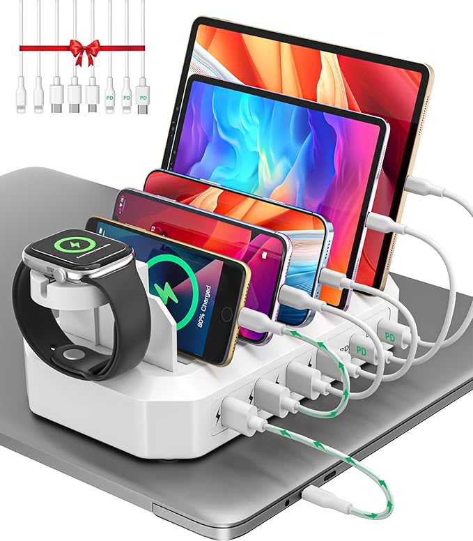95W Fast Charging Station for Multiple Devices【UL & FCC Tested Safer Charging】 6-Port USB Charging Dock with 2 PD-Port, Compatible with iPhone/Android/MacBook/iPad/Tablet/Kindle(8 Cables Included)