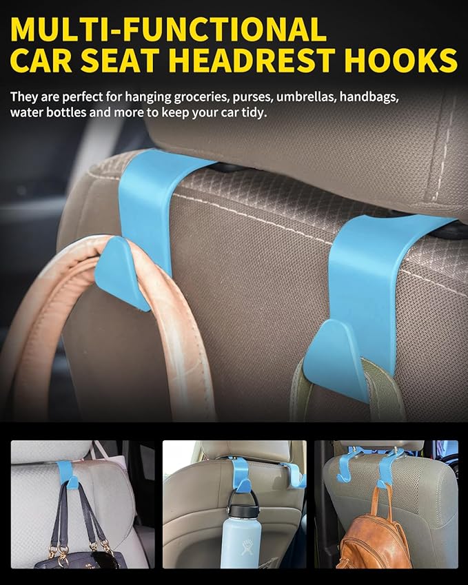 8 Pack Car Seat Headrest Hooks with 44 Pounds Load Capacity, Hangers Storage Organizer Universal Car Interior Accessories for Handbags Water Bottles Purse Coats Umbrellas, Light Blue