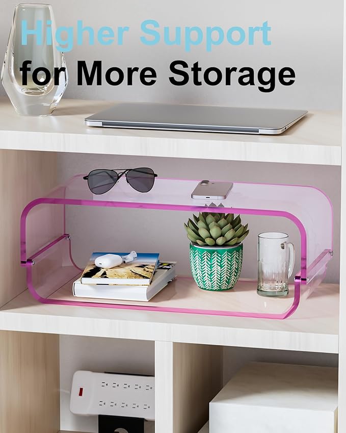 Acrylic Dual Monitor Stand Riser 2 Tier, Modular Laptop Stand for Desk, Multifunctional Desktop Organizer Shelf for PC, iMac, Printer, Detachable Monitor Stand for Office or Home, Pink