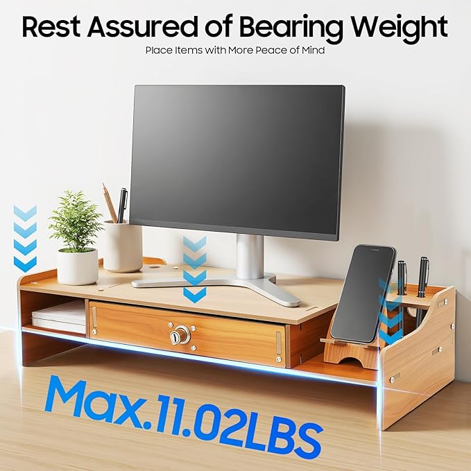 Monitor Stand Wooden Desktop Organizer with Lockable Drawers & Keys & Phone Holder Vintage Multi Compartment Desk Shelf for Home,Office (Z0802)