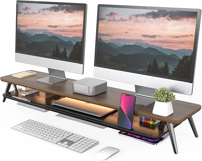 Fenge Dual Monitor Stand, Monitor Stands Riser for 2 Monitors, 42.5 Inch Monitor Stands Shelf with 12 Color LED Light for Office Desk