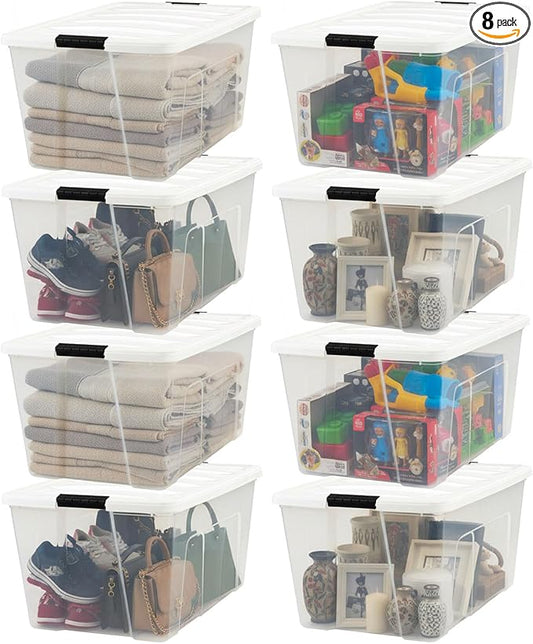 IRIS USA 94 Qt Stackable Plastic Storage Bins with Lids, 8 Pack - BPA-Free, Made in USA - See-Through Organizing Solution, Latches, Durable Nestable Containers, Secure Pull Handle - Clear/White