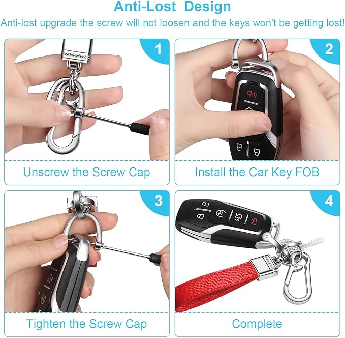 QBUC Genuine Leather Car Keychain,Universal Heavy Duty Metal Key Chain Accessories,Car Fob Key Keychain Holder with 360 Degree Rotatable Snap Swivel and Anti-Lost D-Ring for Men Women（Red）