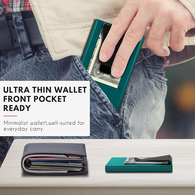 Pop Up Card Holder Wallet,Slim Minimalist Wallet for Men with Money Clip,Aluminum Front Pocket Mens Wallets,RFID Blocking Metal Card Case Stealth Wallet,Holds 6 Cards and Cash(Green)