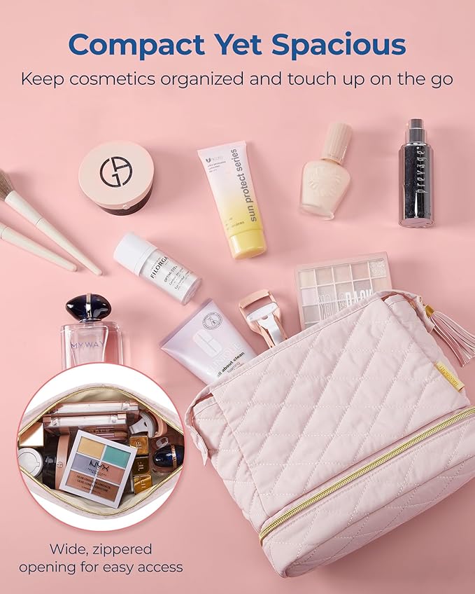 BAGSMART Makeup Bag Travel Cosmetic Bag,Puffy Make Up Bags for Women Double Layer Makeup Organizer Case,Wide-open Pouch Purse Storage Travel Essentials Toiletries Accessories Brushes,Pink