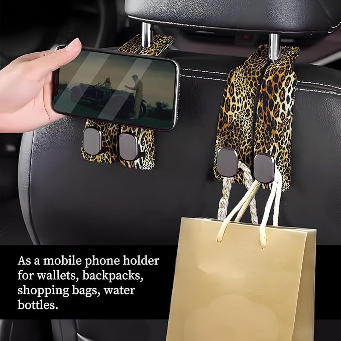 Car Seat Headrest Hook, Universal Leather Cute Hanger Holder Hook, Storage Organizer Interior Accessories for Purse Bags Handbag Luxury Leopard