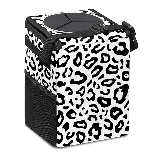 Car Trash Can Leopard Wate-rproof Auto Garbage Bag Car Trash Can with Lid Leak-Proof Car Storage Bag Hanging for Headrest Collapsible and Portable with Storage Mesh Pocket