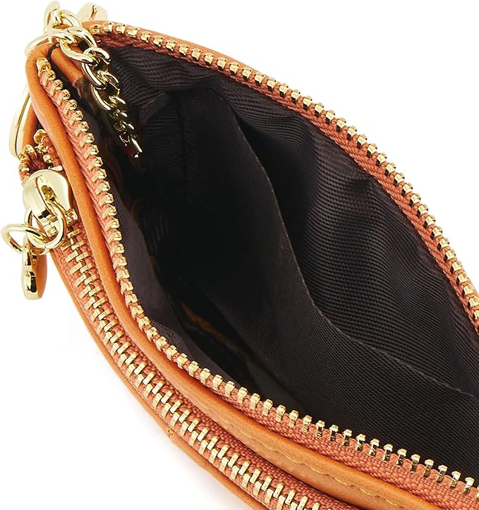 ZOOEASS Women PU Leather Zip Mini Coin Purse With Key Ring Triple Zipper Card Holder Wallet (Orange)