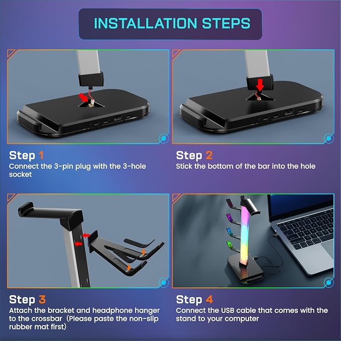 Gaming Headphones Stand with Charging Station, RGB Headset Stand with 10 Light Modes, 4 Controller Holder with 1 USB & 2 Type-C Charging Ports - Earphone Hook for PC Desktop Gamer Accessories Storage