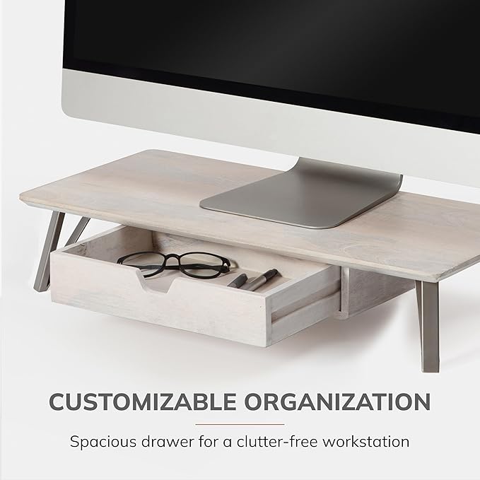 Anji Mountain Monitor Stand - Desktop Organizer & Laptop Riser, Ergonomic Monitor Riser, Space-Saving Monitor Stand for Desk, Durable Construction, Easy Assembly, Ideal for Home & Office,White Wash