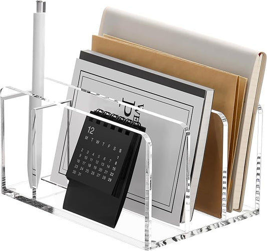 SANRUI Acrylic Mail Sorter Desktop Organizer with Pen Holder, 3 Compartments Clear Small File Script Letter Document Storage for Desk Bill Filling Envelope Holder Office, Home, School Organization
