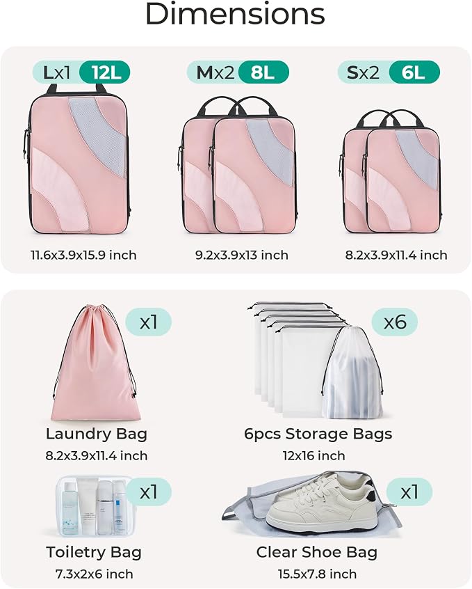 BAGSMART Compression Packing Cubes, 6 Set/4 Set/2 Set Travel Packing Cubes for Carry on Suitcases, Compression Suitcase Organizers Bag Set & Travel Cubes for Luggage, Lightweight Packing Organizers