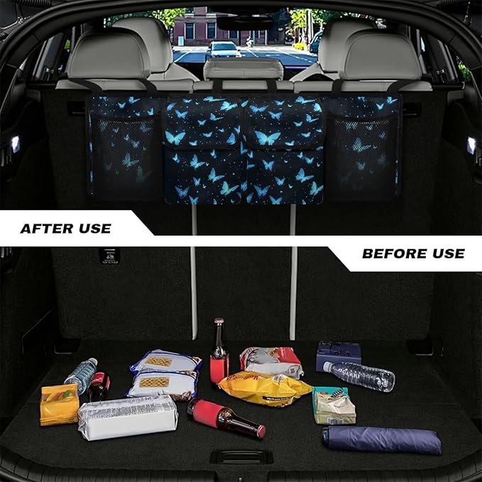 Blue Butterfly Print Car Trunk Organizer with 4 Pockets Hanging Car Backseat Storage Bag Detachable Car Storage Accessories for SUV Sedans Hatchback Crossover Minivan