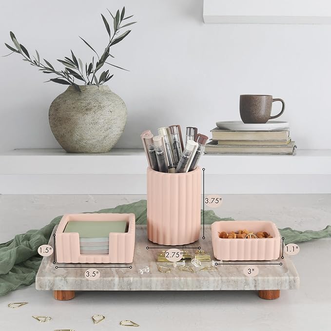 KIBAGA Modern Aesthetic Desk Accessories Set of 3 - Stylish Pink Concrete Organizers for Pens & Office Supplies - A Cute and Functional Addition to Your Workspace Decor