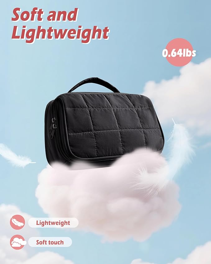 Marscamd Travel Makeup Bag for Women, Puffy Cosmetics Organizer with Waterproof Pockets, Toiletry Pouch for Makeup Brushes, Skincare & Travel Essentials, Black (Bag Only)