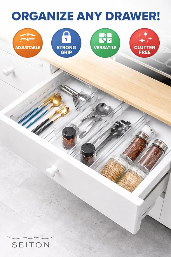 SEITON Adjustable Drawer Dividers (4 Pack) Expandable Drawer Organizer with Anti-Slip Pads 11.5"-21.7"