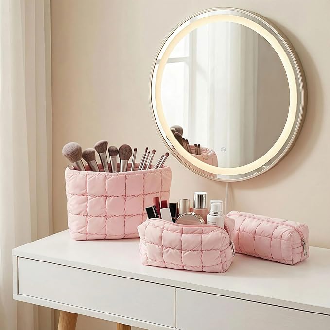 3Pcs Puffer Quilted Makeup Bag Travel Cosmetic Bag Set Portable Puffy Checkered Toiletry Pouch Skincare Organizer Purse Pencil Case (Pink)
