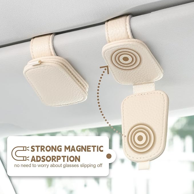 JUSTTOP 1Pack Sunglass Holder for Car, Magnetic Leather Buckle Sun Visor Sunglass Clip, Ticket Card Clip Sunglasses Mount, Car Interior Accessories for Men and Women (Beige)